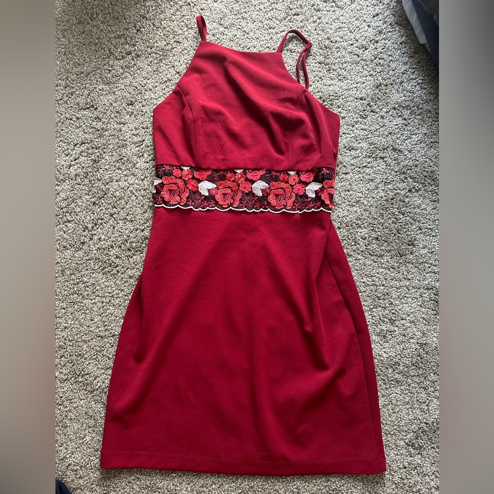 Red Halter Neck Formal Dress with Sheer Floral Waistband